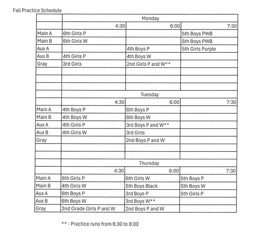 BBC 2025 Fall Practice Schedule