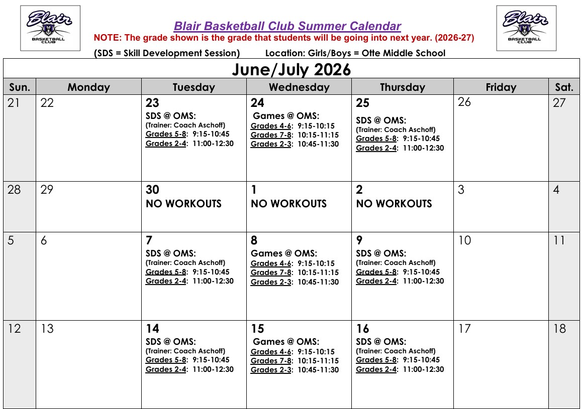 June-July 2026 Practice Schedule