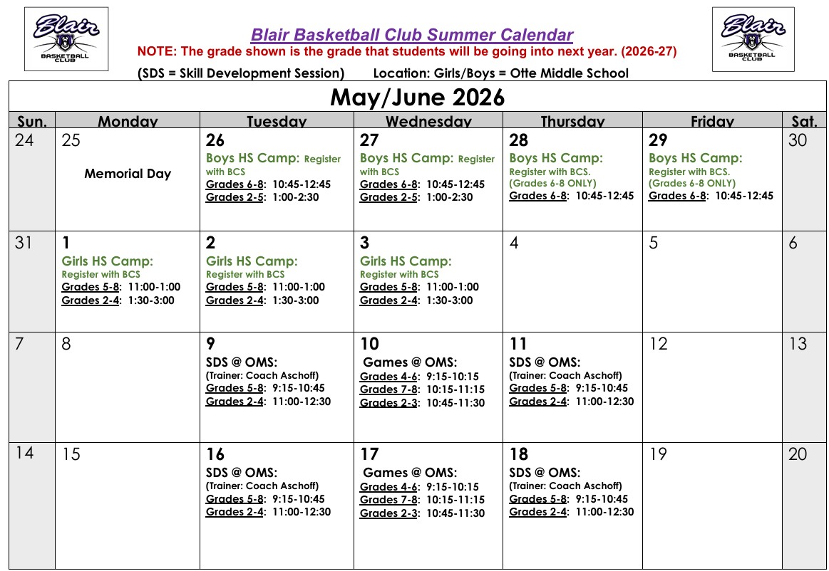 May-June 2026 Practice Schedule