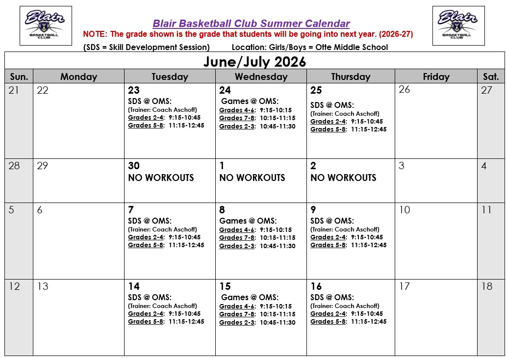 June-July 2026 Practice Schedule