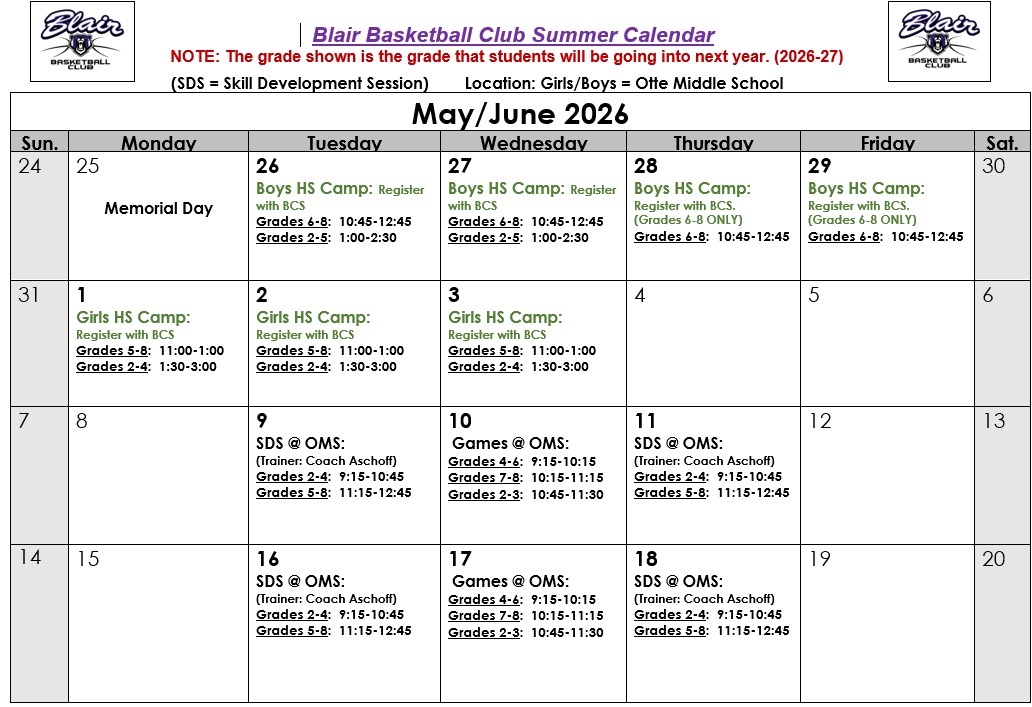 May-June 2026 Practice Schedule